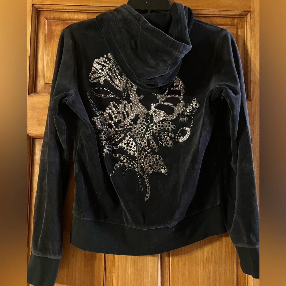 Express Vintage Black Velour Zip-Up Hoodie Gemstone Floral Design Y2K
